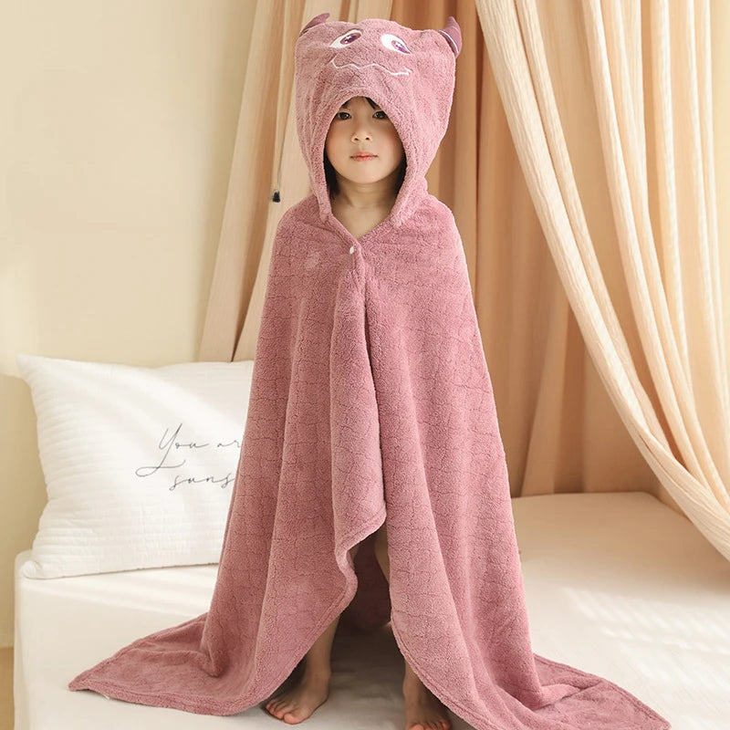 Children's Plush Hooded Bath Towel Cartoon Coral Velvet Baby Absorbent Quick Drying Hooded Cape Bathrobe Cute Hooded Bath Towel