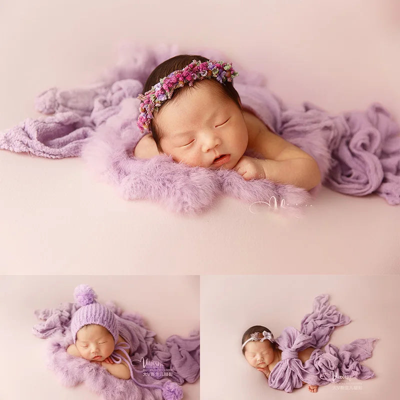 Newborn Photography Props Baby Swaddle Blanket Soft High Stretchable Wraps Cute Knitted Pom Poms Hat Headflower Baby Photo Props