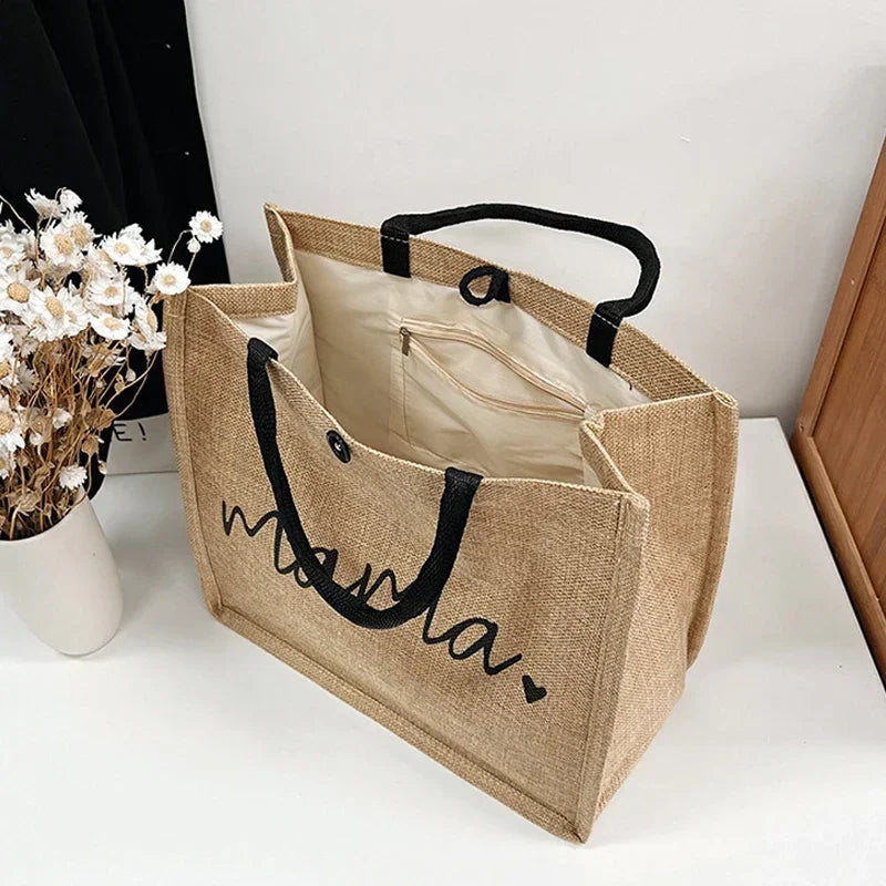 Women Tote Bag Fashion Mama Letter Printing Linen Handbag Large Capacity Baby Diaper Bag Casual Shopping Shoulder Bag Mom Gifts