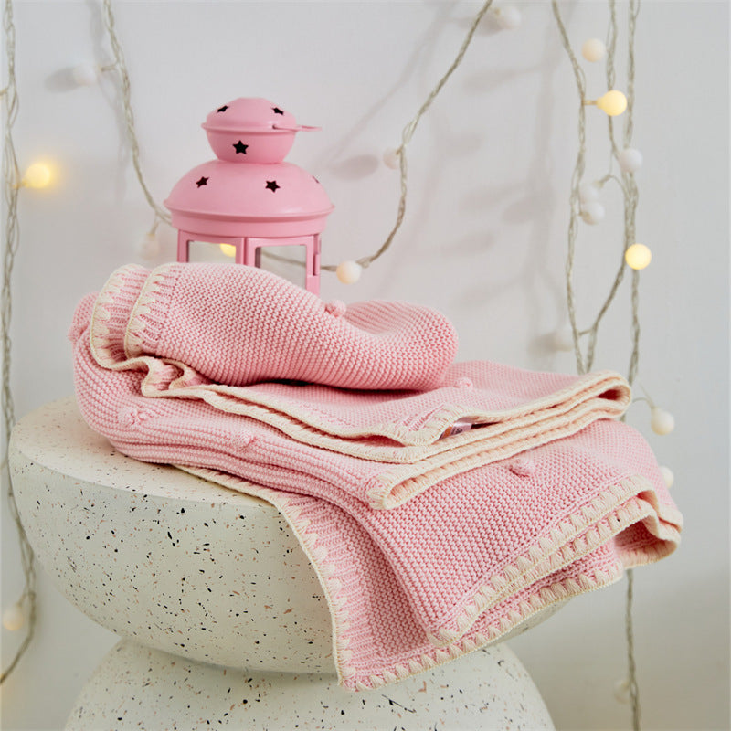 Soft 100% Shell Edge Luxury Pom Throw Dot Knitted Baby Blanket Kids Car and Plane Blankets